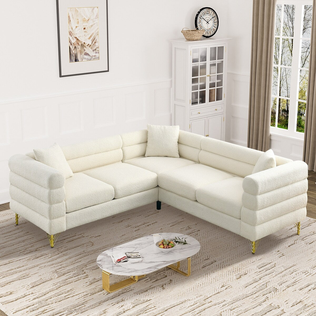 Ouyessir Teddy Fabric Modern Sectional Sofa Sets L-Shape/2/3/4 Seater Sofa Couch with Pillows