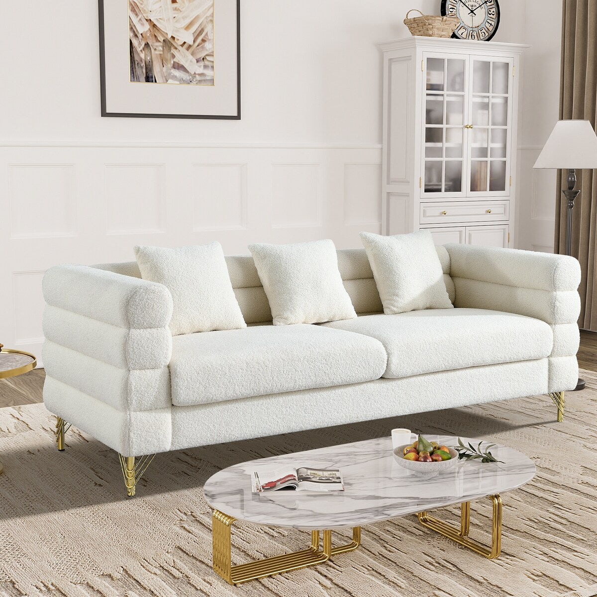 Ouyessir Teddy Fabric Modern Sectional Sofa Sets L-Shape/2/3/4 Seater Sofa Couch with Pillows