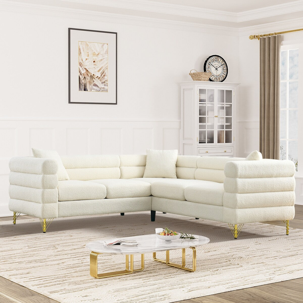 Ouyessir Teddy Fabric Modern Sectional Sofa Sets L-Shape/2/3/4 Seater Sofa Couch with Pillows