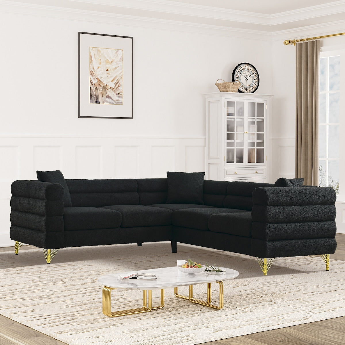 Ouyessir Teddy Fabric Modern Sectional Sofa Sets L-Shape/2/3/4 Seater Sofa Couch with Pillows