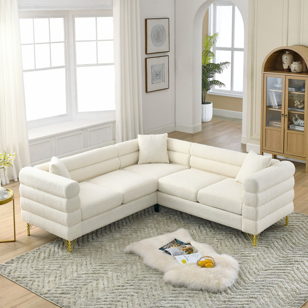 Ouyessir Teddy Fabric Modern Sectional Sofa Sets L-Shape/2/3/4 Seater Sofa Couch with Pillows