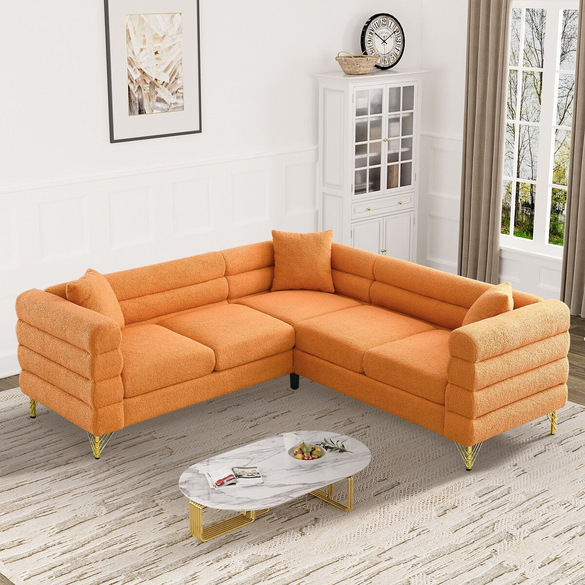 Ouyessir Teddy Fabric Modern Sectional Sofa Sets L-Shape/2/3/4 Seater Sofa Couch with Pillows