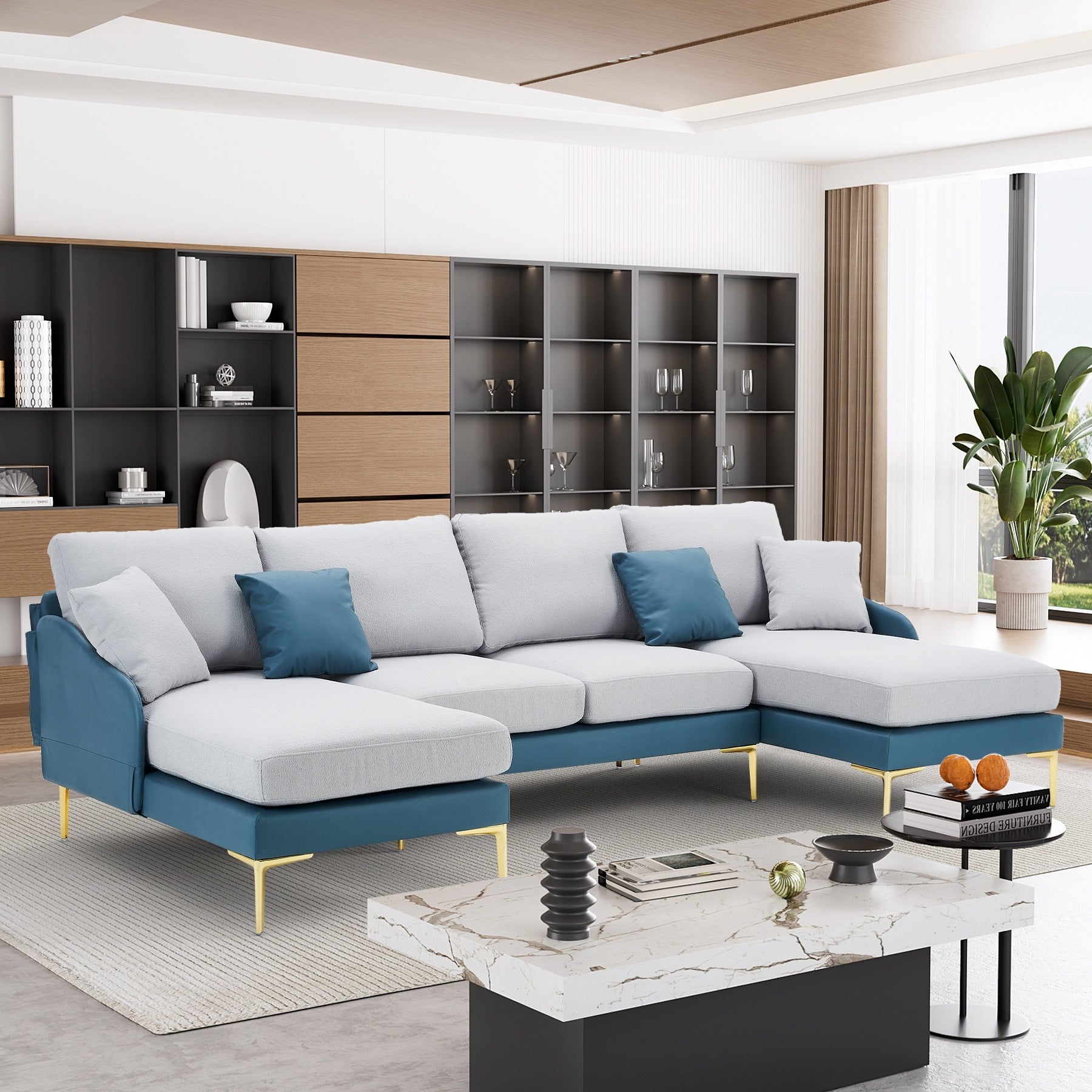 Ouyessir U Shape Sectional Sofa 4 Seat Couch with Double Chaise Lounge Grey