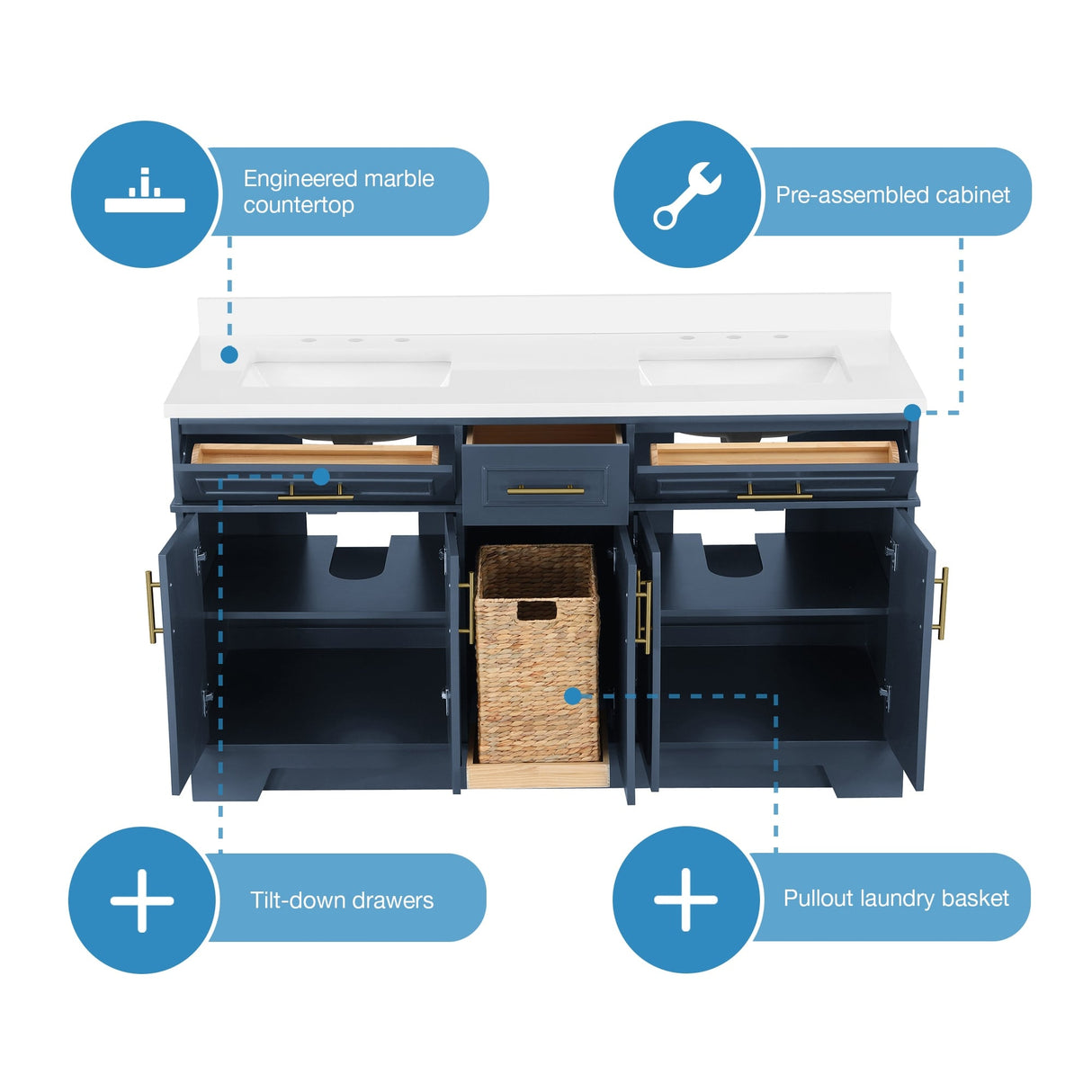 Ove Decors Emery 60 in. Double Sink Bathroom Vanity in Midnight Blue