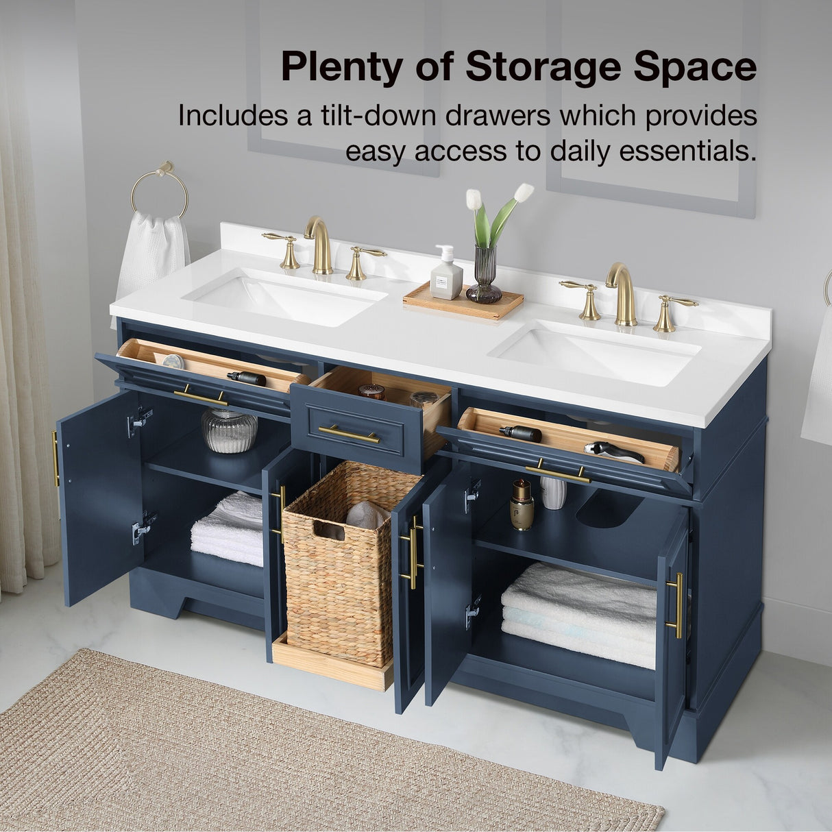 Ove Decors Emery 60 in. Double Sink Bathroom Vanity in Midnight Blue