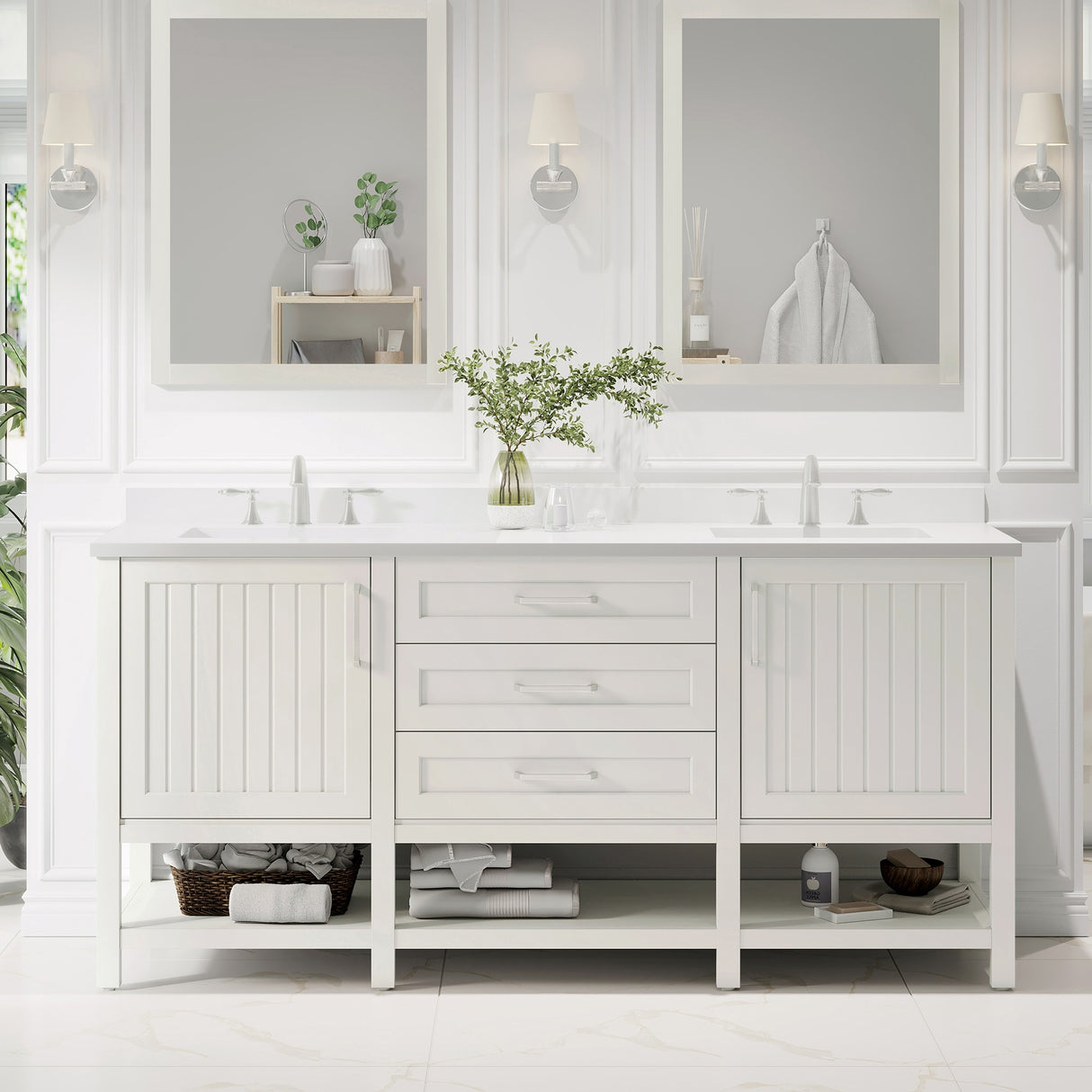 Ove Decors Esteban 72 in. Double Sink Bathroom Vanity in White Picket Fence