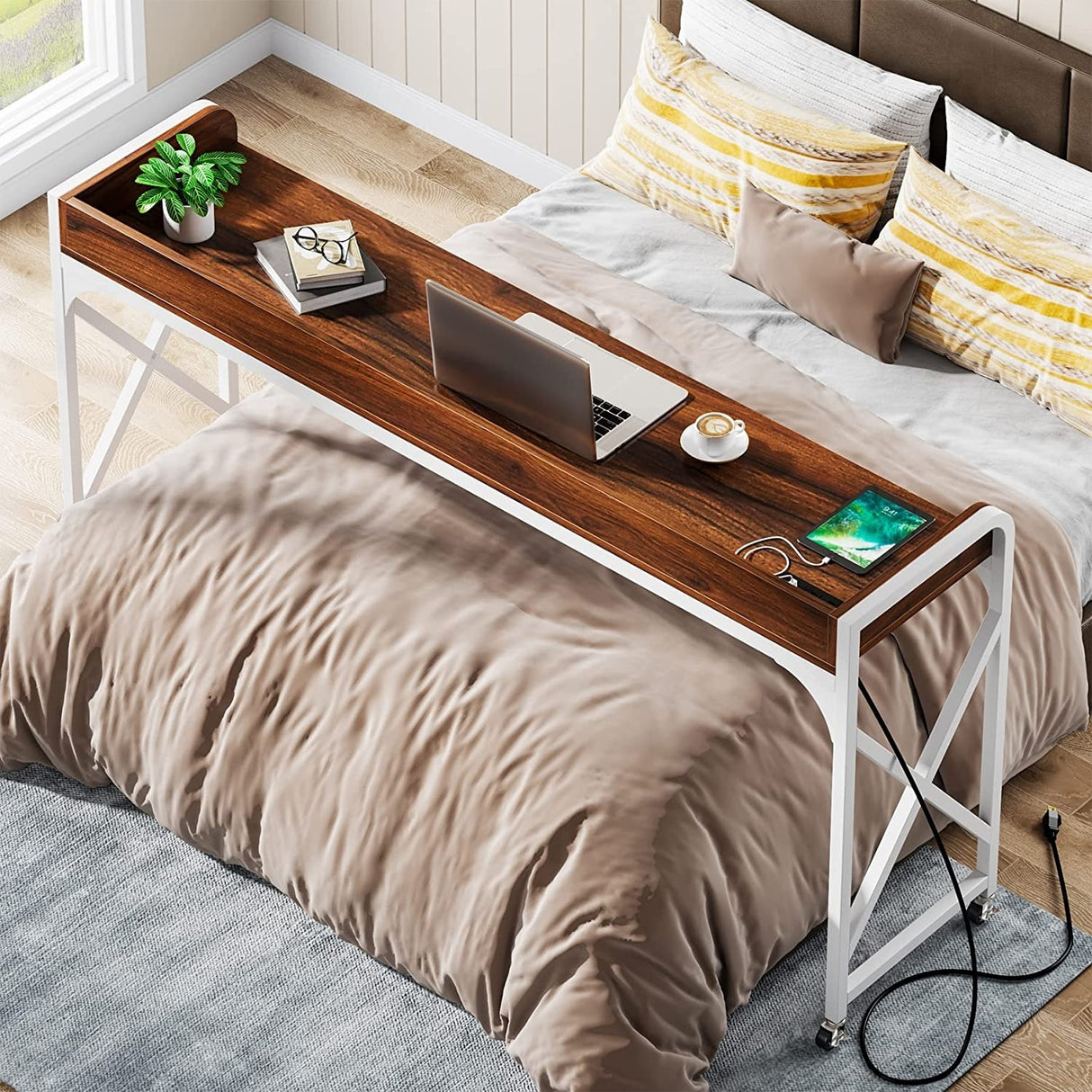 Over Bed Table with Wheels, 70.8 Inches Overbed Desk with Outlet & USB