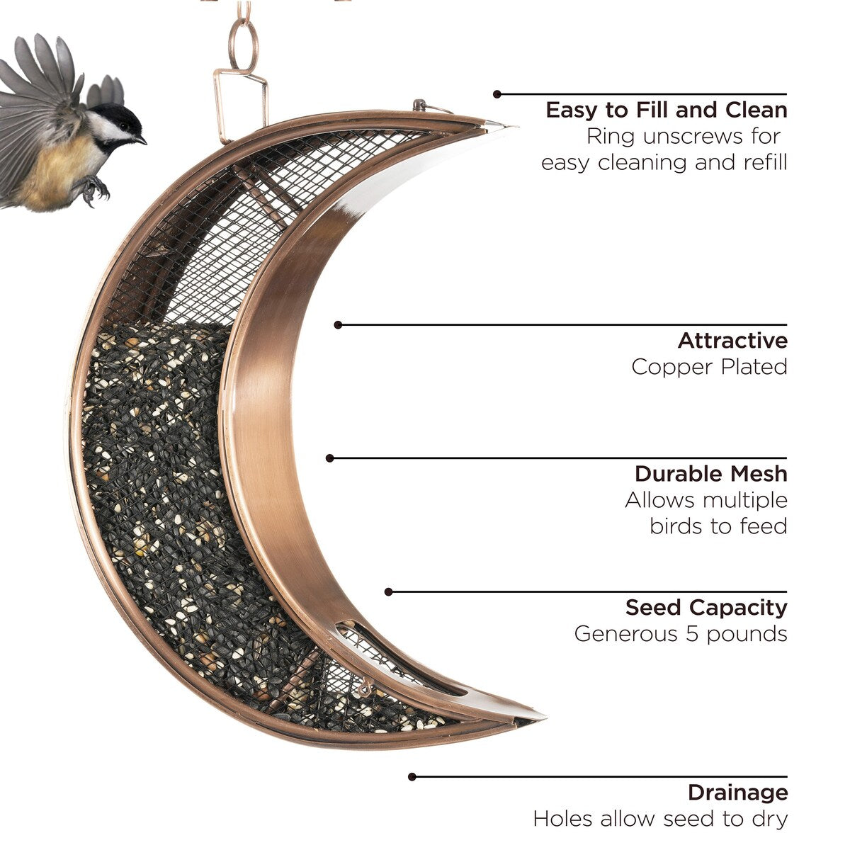 Over The Moon Copper Bird Feeder, with Mesh Panels by Good Directions