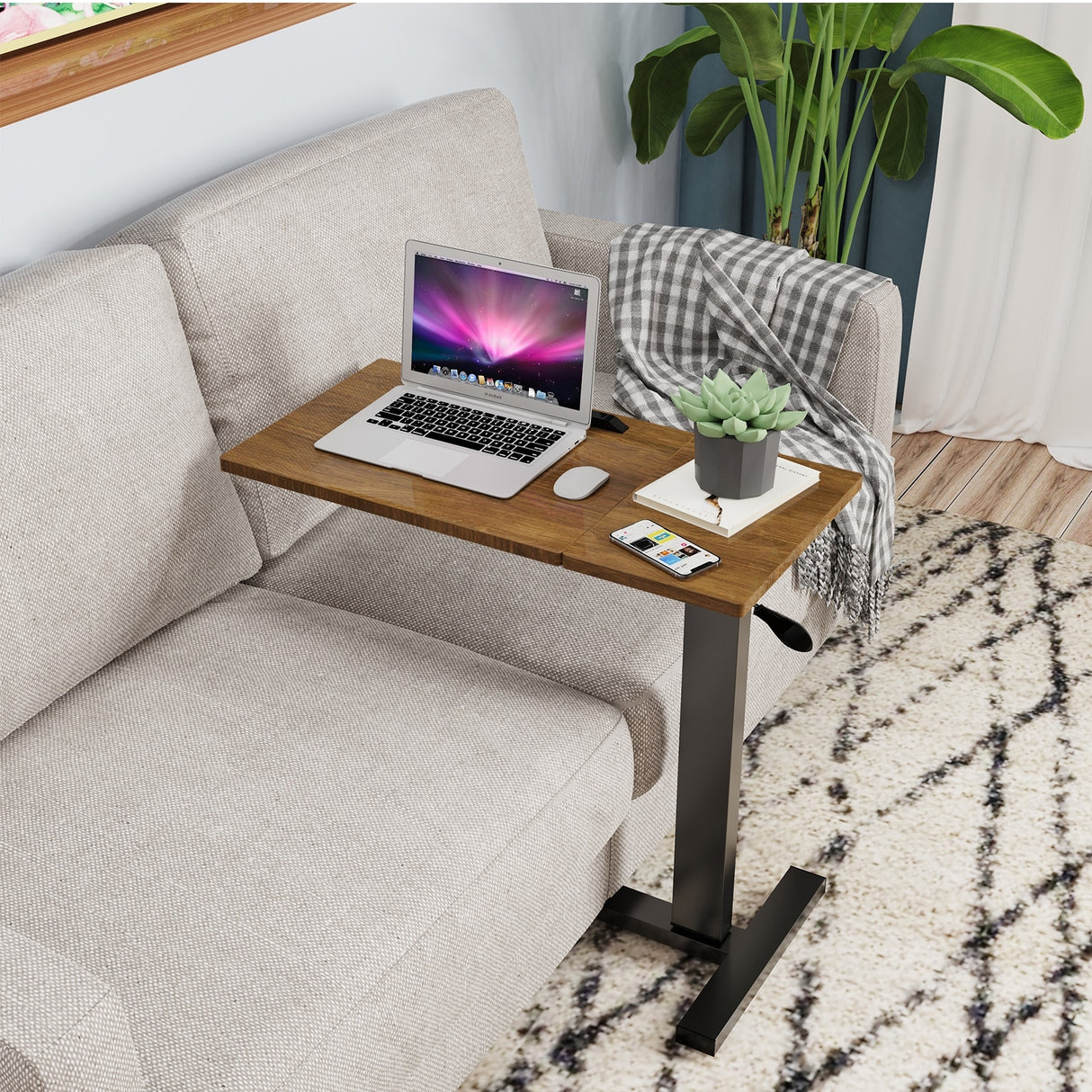 Overbed Table Height Adjustable Sofa Laptop Desk Tilting with 4 Wheels
