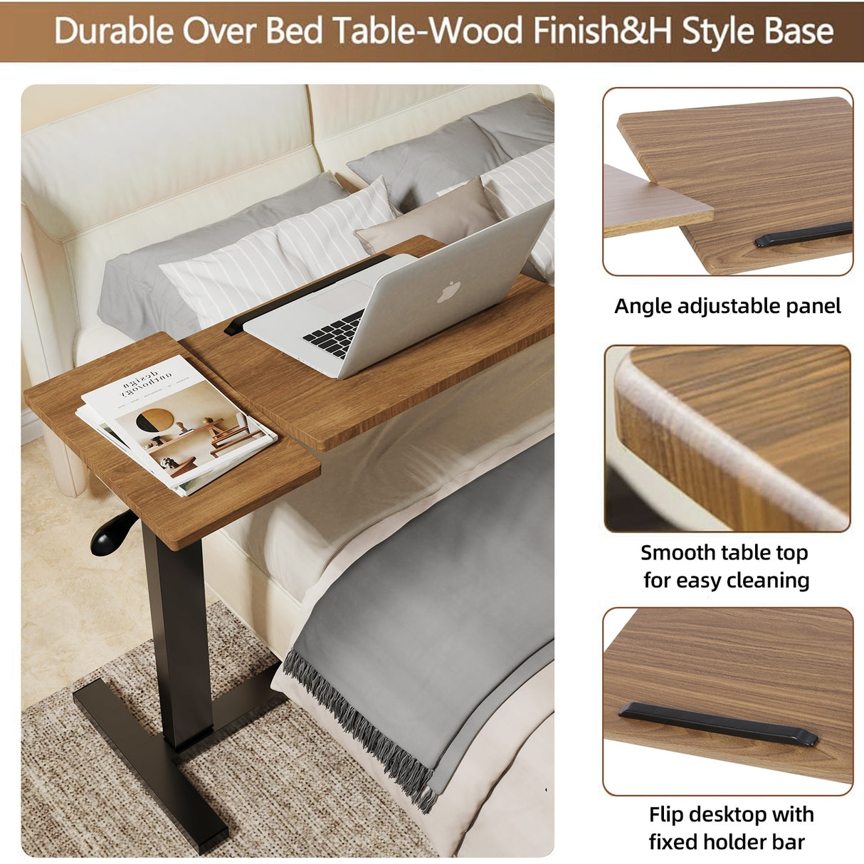 Overbed Table Height Adjustable Sofa Laptop Desk Tilting with 4 Wheels