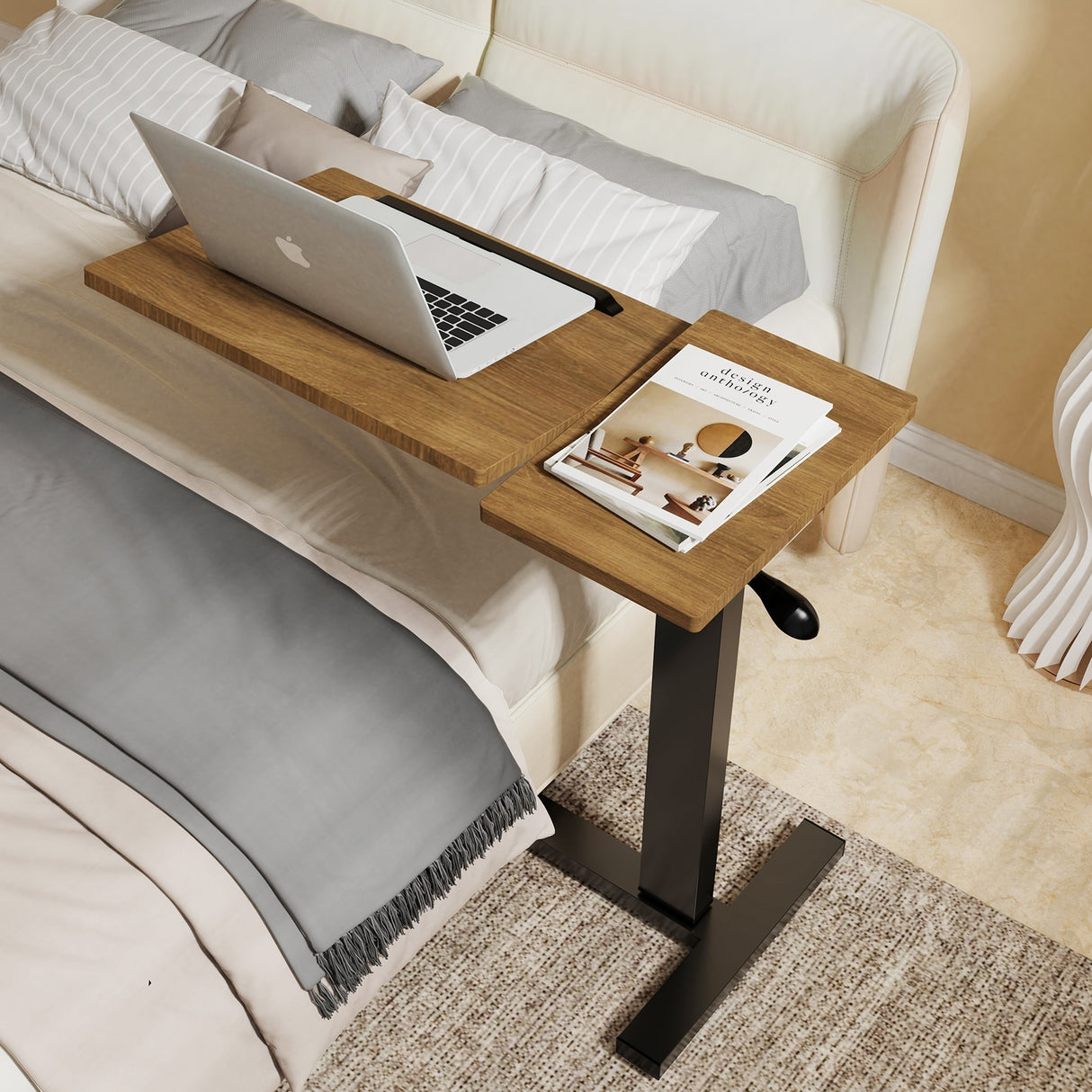 Overbed Table Height Adjustable Sofa Laptop Desk Tilting with 4 Wheels