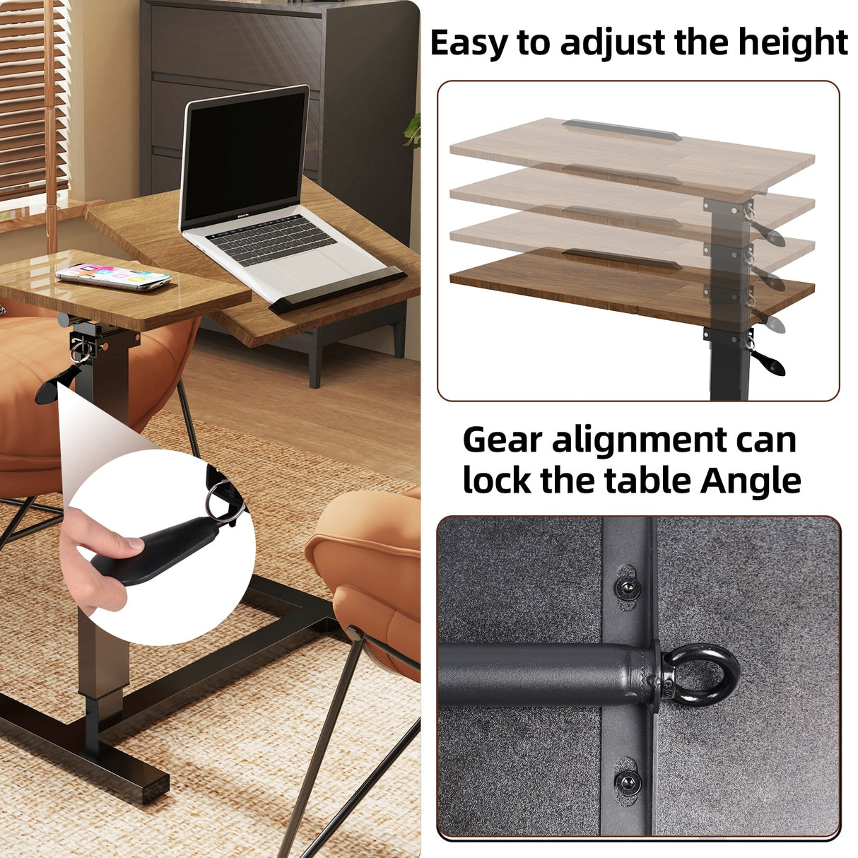 Overbed Table Height Adjustable Sofa Laptop Desk Tilting with 4 Wheels