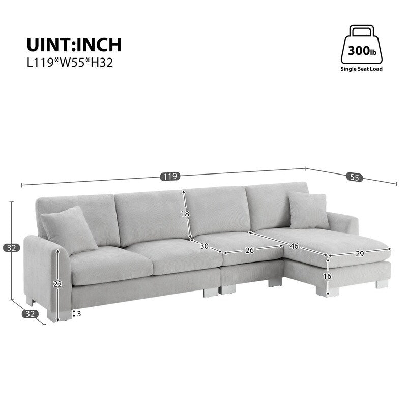Oversized L-Shaped 4-Seat Sectional Sofa with Chaise and Pillows, White