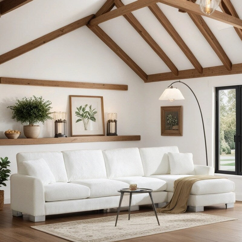 Oversized L-Shaped 4-Seat Sectional Sofa with Chaise and Pillows, White