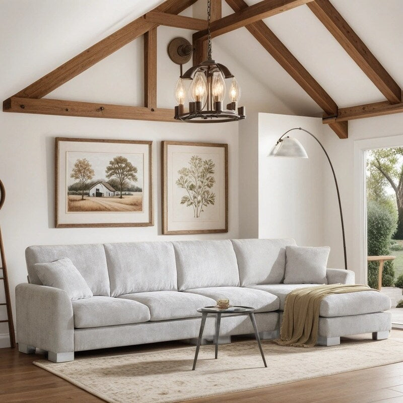 Oversized L-Shaped 4-Seat Sectional Sofa with Chaise and Pillows, White