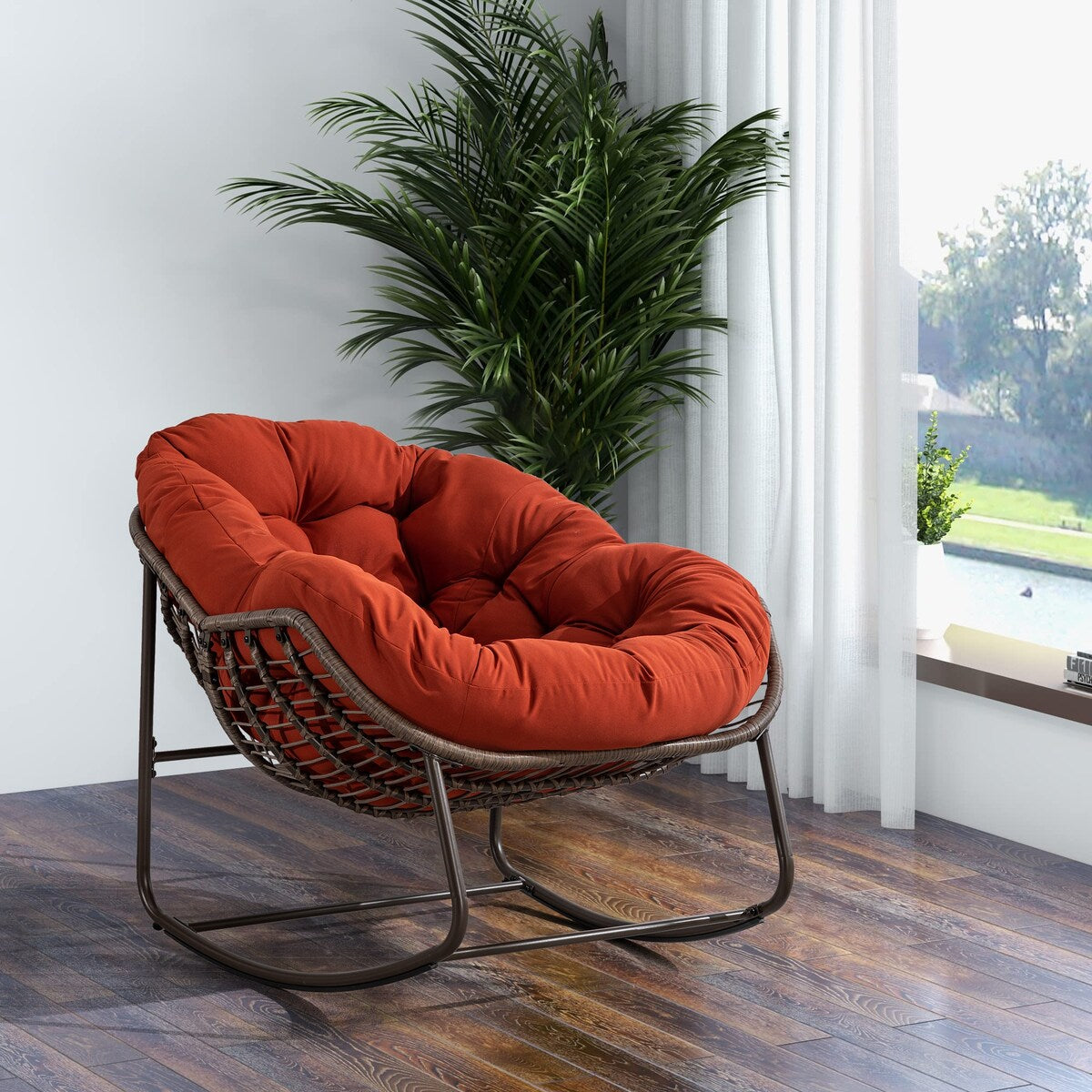 Oversized Papasan Chairs Curved Rocking Chair Patio Deep Seating Rattan Rocker Recliner with Orange Padded Cushion for Outdoor