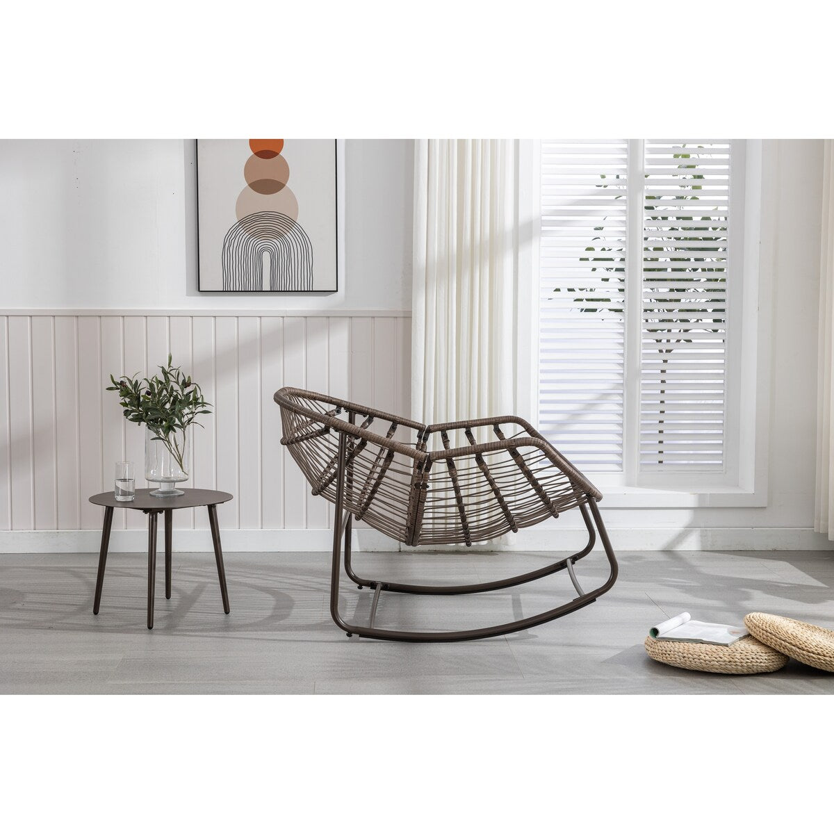 Oversized Papasan Chairs Curved Rocking Chair Patio Deep Seating Rattan Rocker Recliner with Orange Padded Cushion for Outdoor