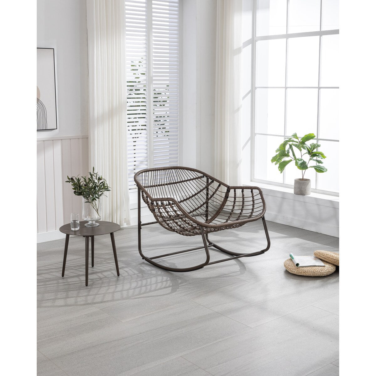 Oversized Papasan Chairs Curved Rocking Chair Patio Deep Seating Rattan Rocker Recliner with Orange Padded Cushion for Outdoor