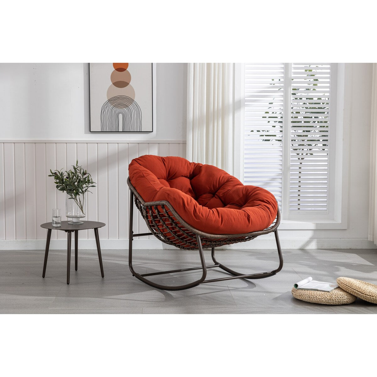 Oversized Papasan Chairs Curved Rocking Chair Patio Deep Seating Rattan Rocker Recliner with Orange Padded Cushion for Outdoor