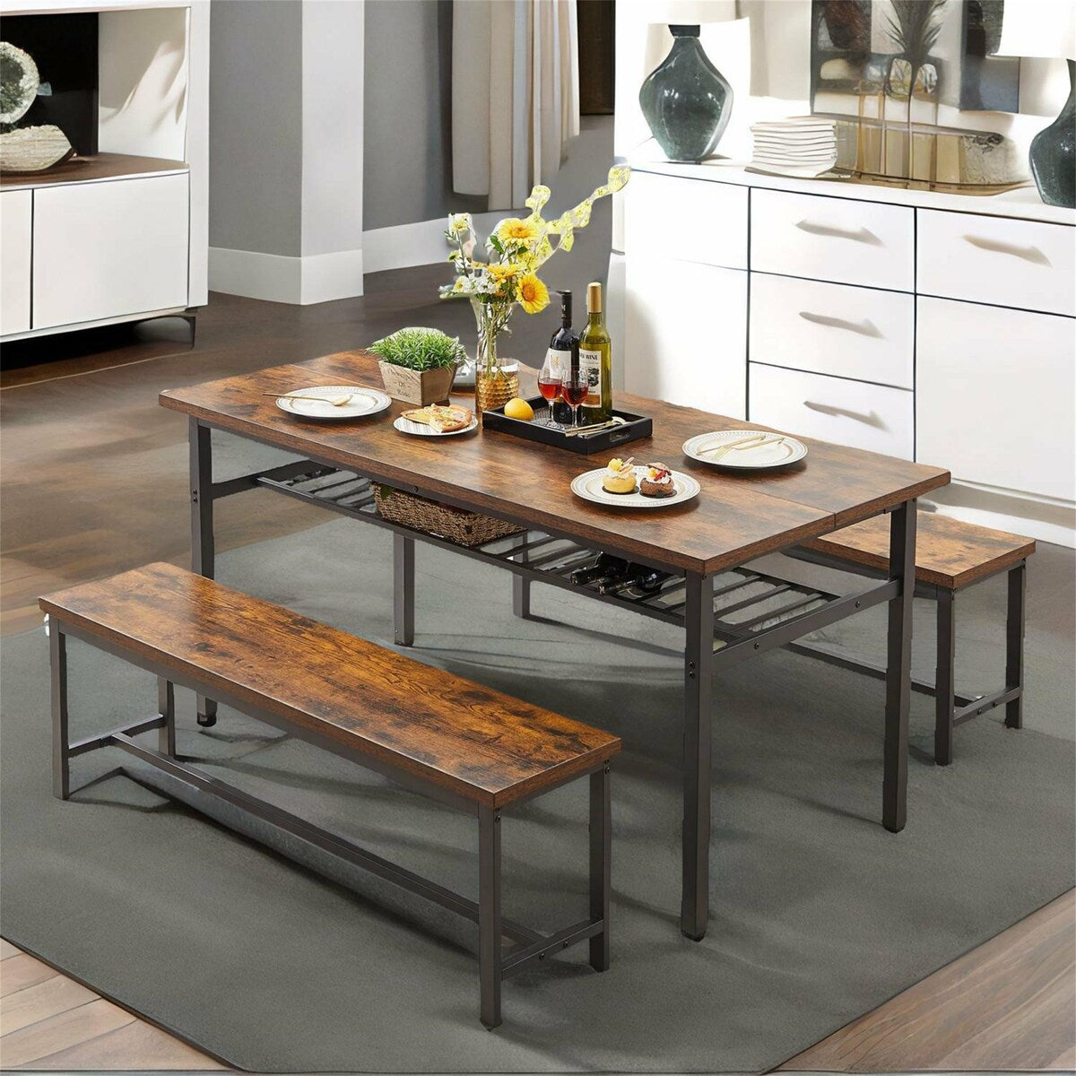 Oversized Particle Board 3 Piece Dining Table and Chair Set for 6