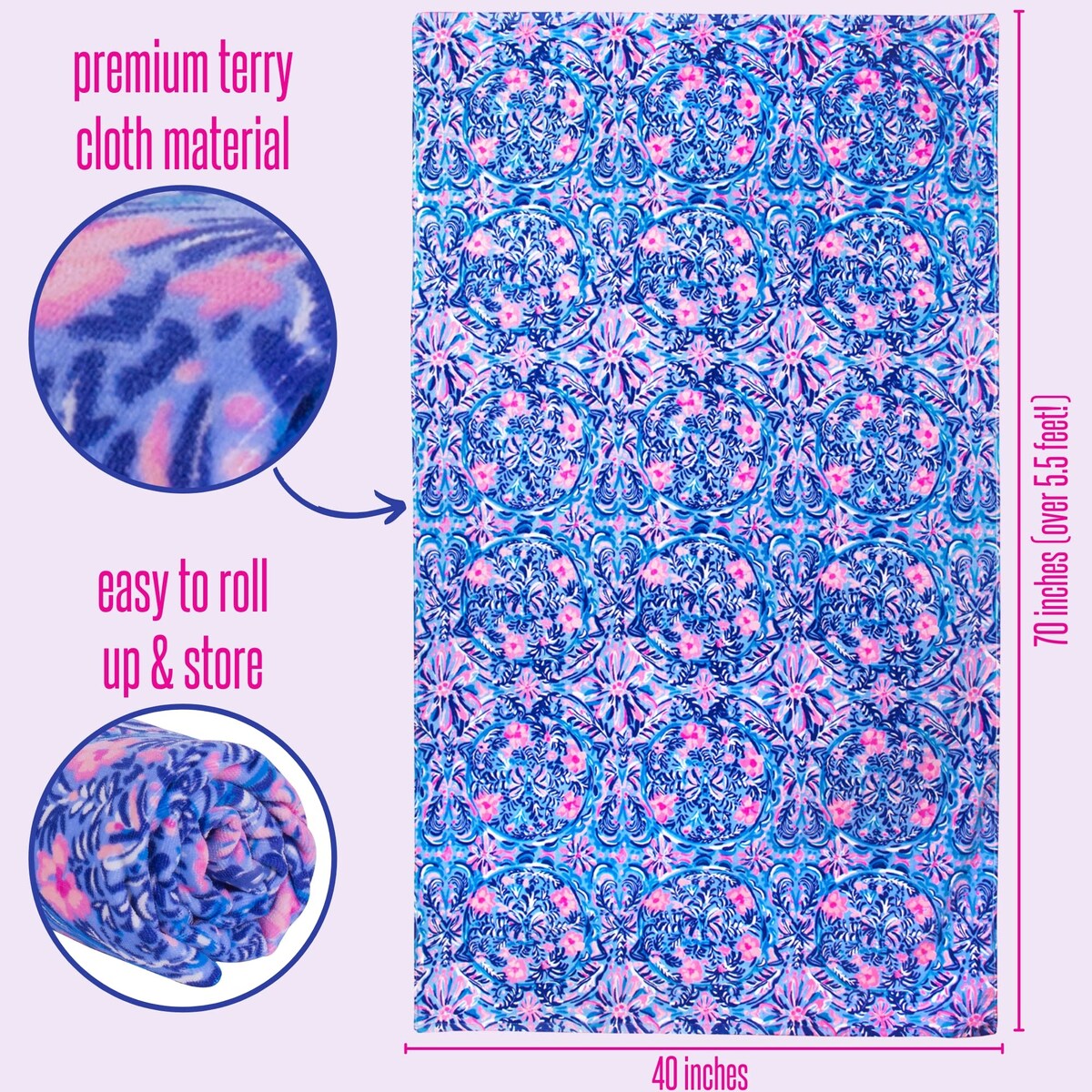 Oversized Pool/Beach Towel, 40 x 70, Large Terry Cloth Towel for Adults, Blue Caning