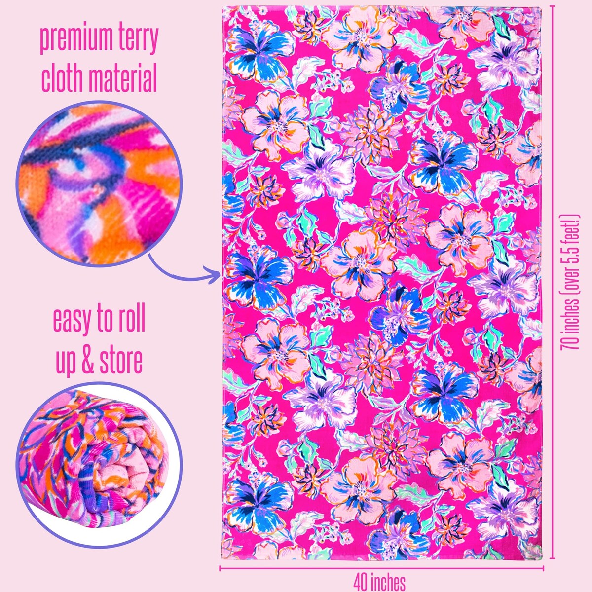 Oversized Pool/Beach Towel, 40 x 70, Large Terry Cloth Towel for Adults, Blue Caning