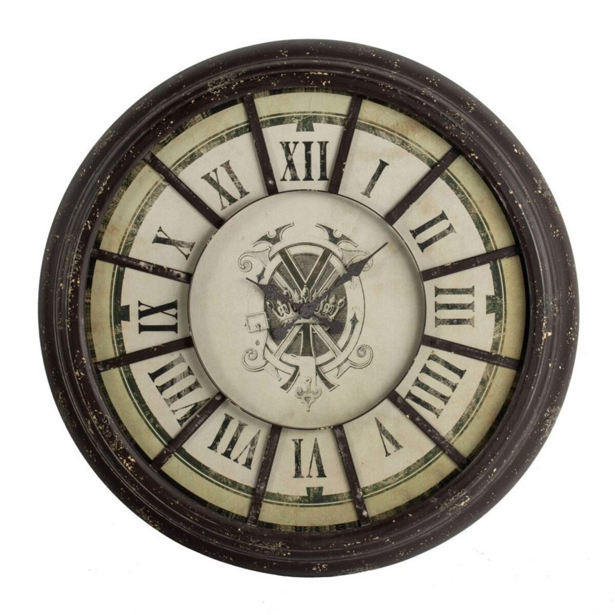 Oversized Wood and Metal Wall Clock with Distressed Details, Gray and Cream