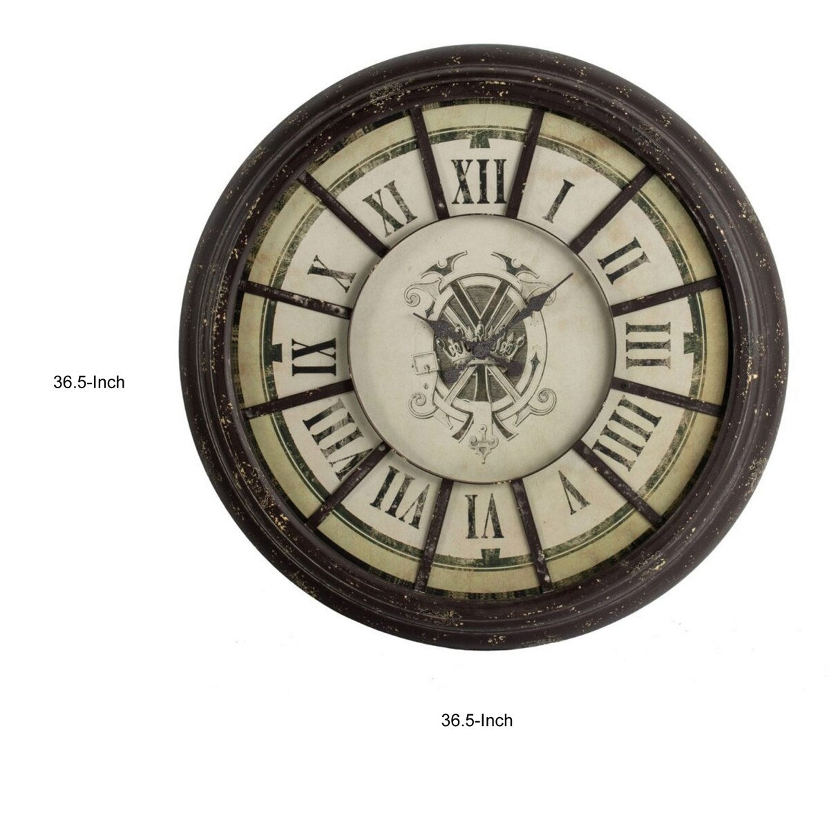 Oversized Wood and Metal Wall Clock with Distressed Details, Gray and Cream