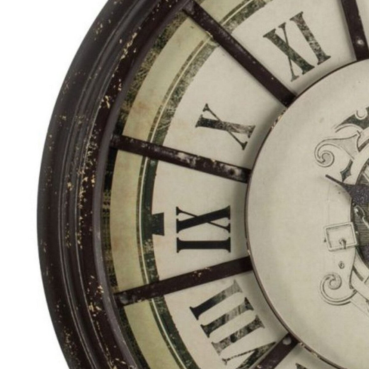 Oversized Wood and Metal Wall Clock with Distressed Details, Gray and Cream