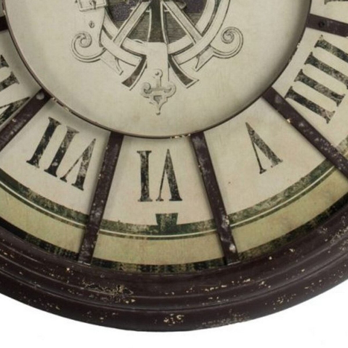Oversized Wood and Metal Wall Clock with Distressed Details, Gray and Cream
