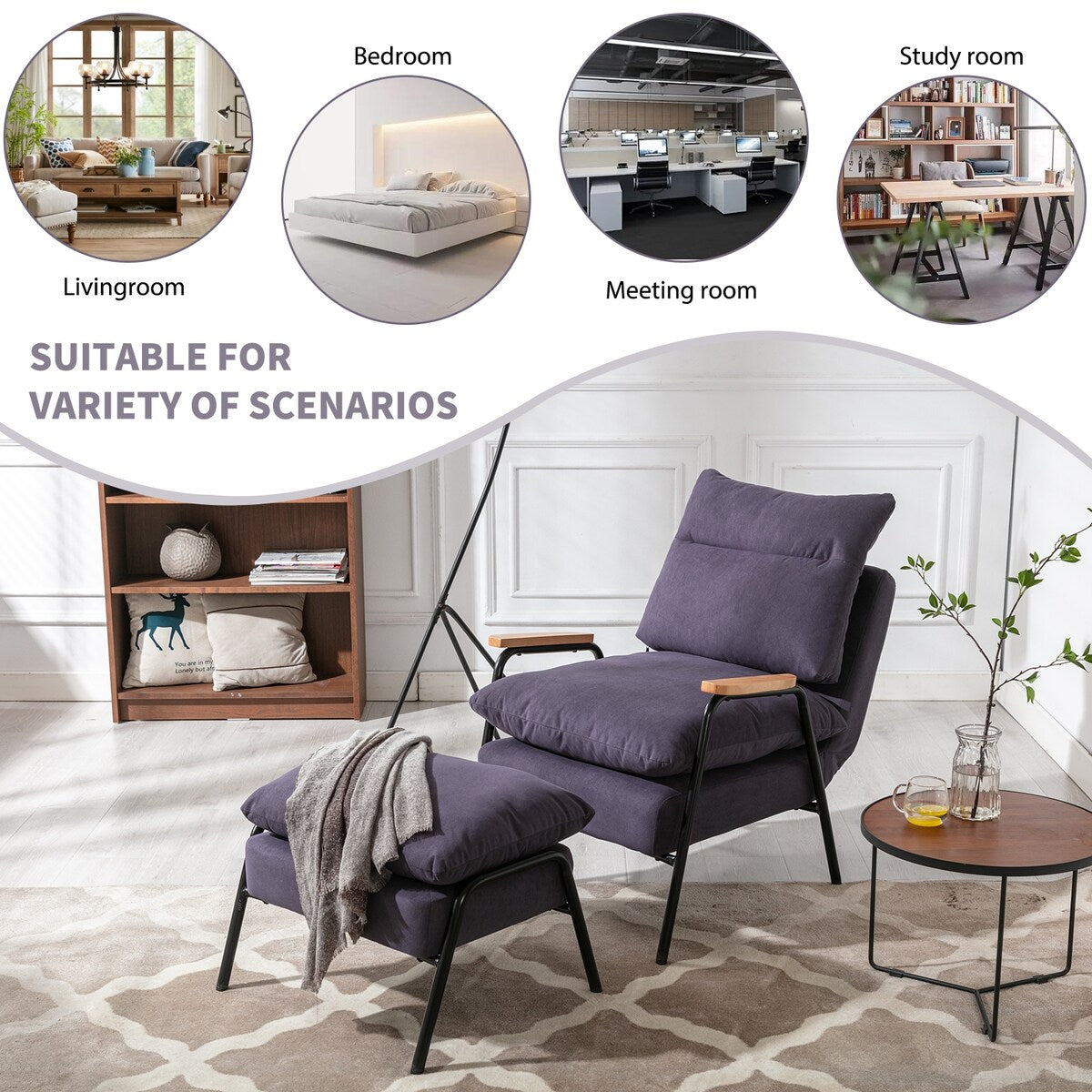 Overstuffed Accent Chair with Ottoman And Metal Legs for Living Room
