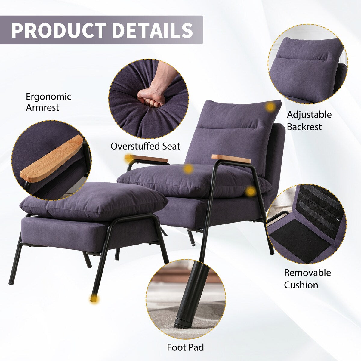 Overstuffed Accent Chair with Ottoman And Metal Legs for Living Room