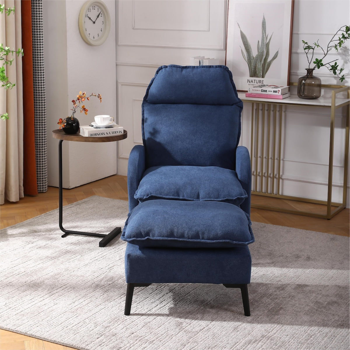 Overstuffed Accent Chair with Ottoman, Adjustable Backrest Lounge Chair Indoor Fabric Club Chair with Metal Legs