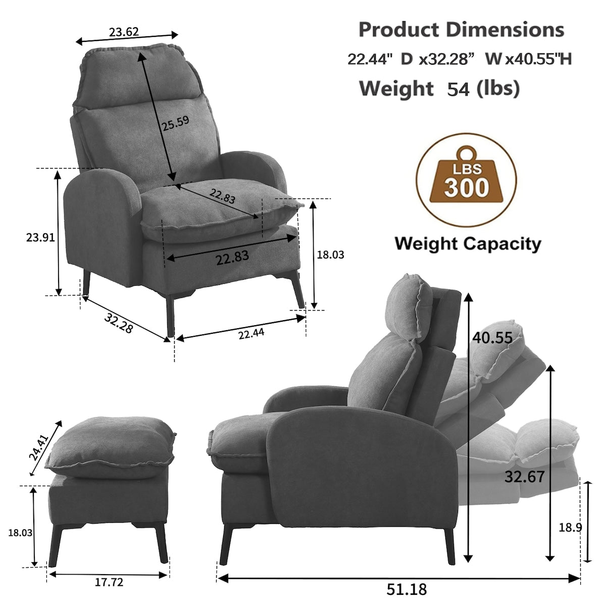 Overstuffed Accent Chair with Ottoman, Adjustable Backrest Lounge Chair Indoor Fabric Club Chair with Metal Legs