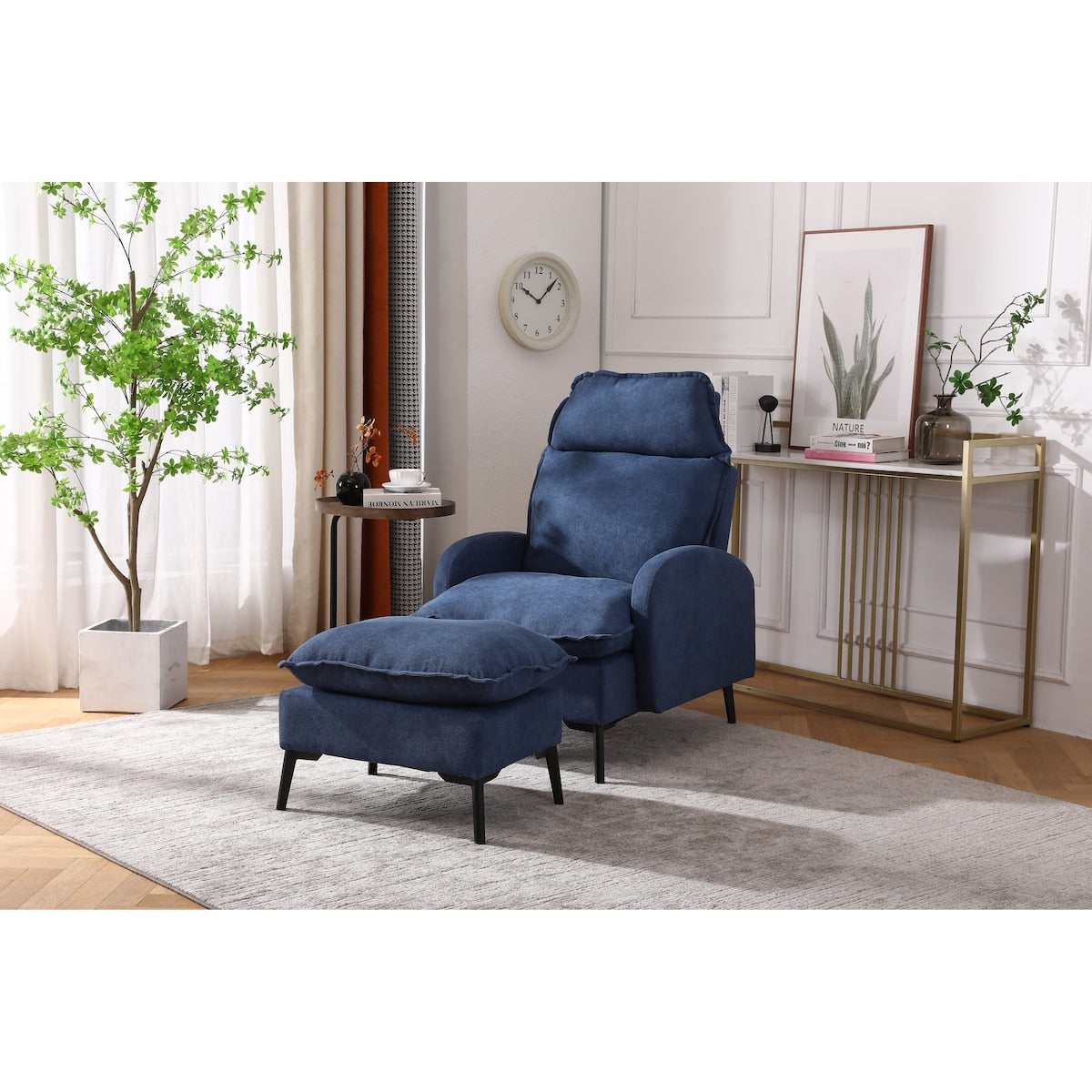 Overstuffed Accent Chair with Ottoman, Adjustable Backrest Lounge Chair Indoor Fabric Club Chair with Metal Legs