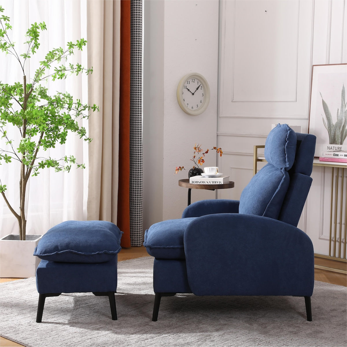 Overstuffed Accent Chair with Ottoman, Adjustable Backrest Lounge Chair Indoor Fabric Club Chair with Metal Legs