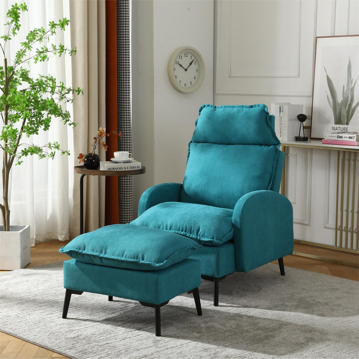 Overstuffed Accent Chair with Ottoman, Adjustable Backrest