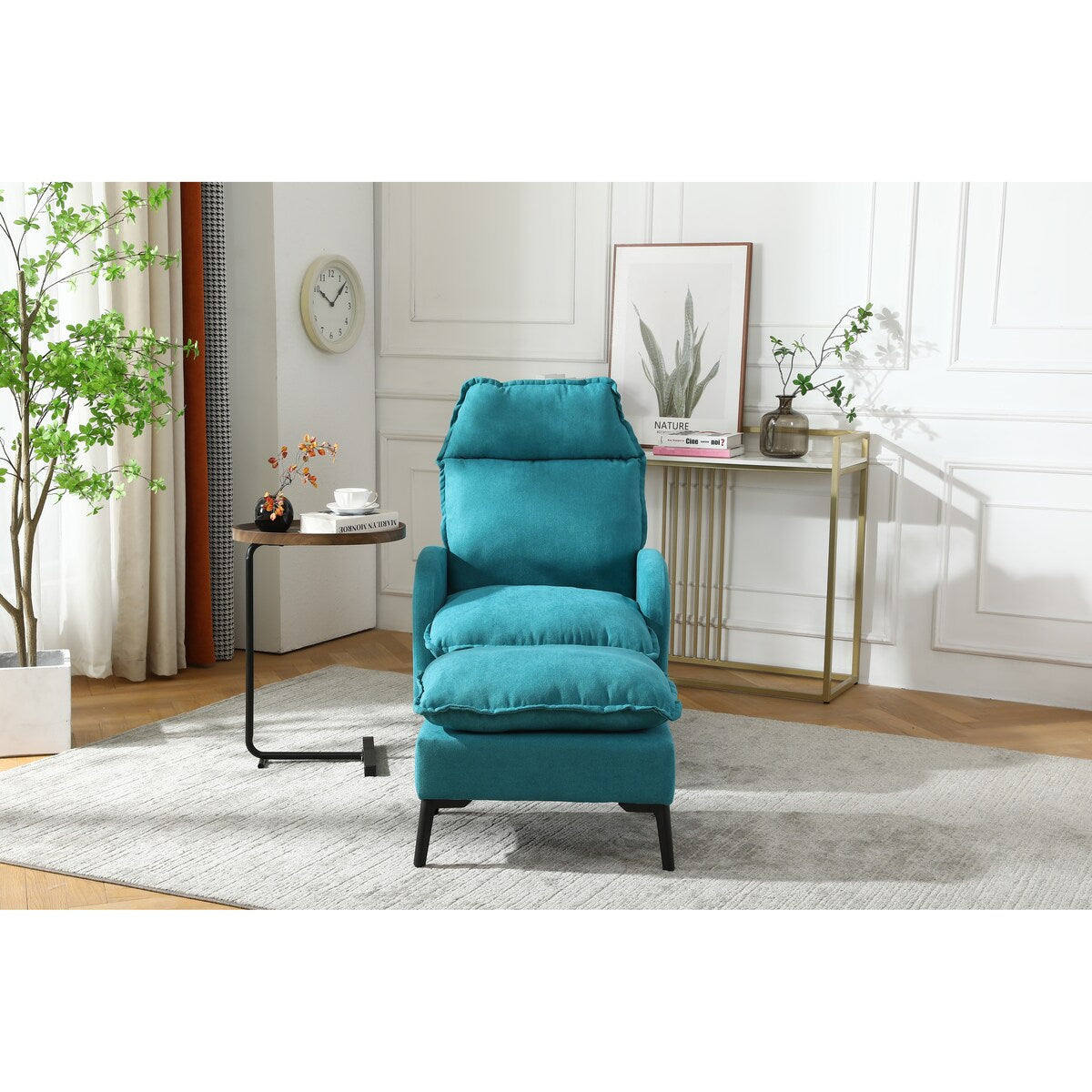 Overstuffed Accent Chair with Ottoman, Adjustable Backrest