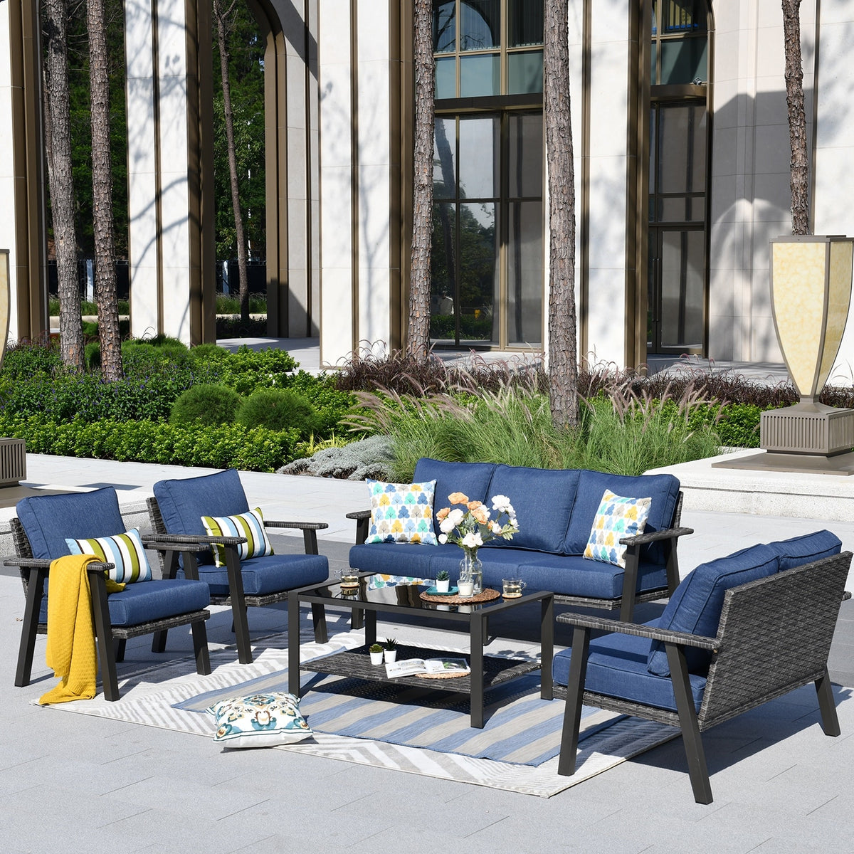 OVIOS 5-piece Outdoor Steel Frame Ottoman Wicker Solid Pattern Cushion