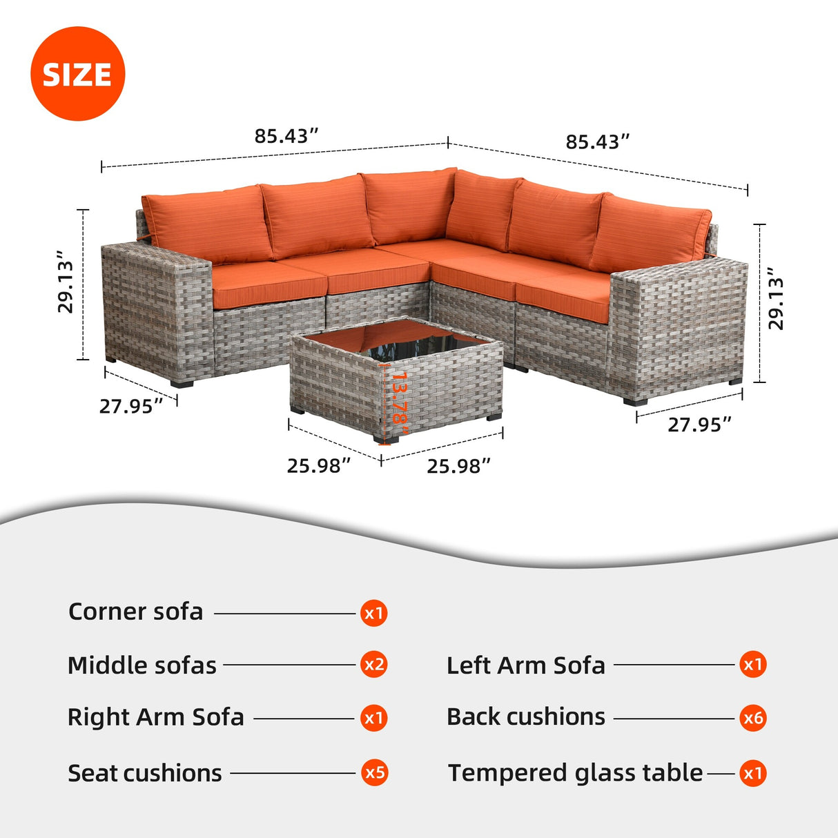 OVIOS Patio Wicker Furniture Wide Arm 6-piece Set with Table