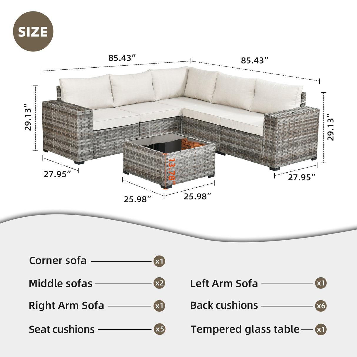 OVIOS Patio Wicker Furniture Wide Arm 6-piece Set with Table