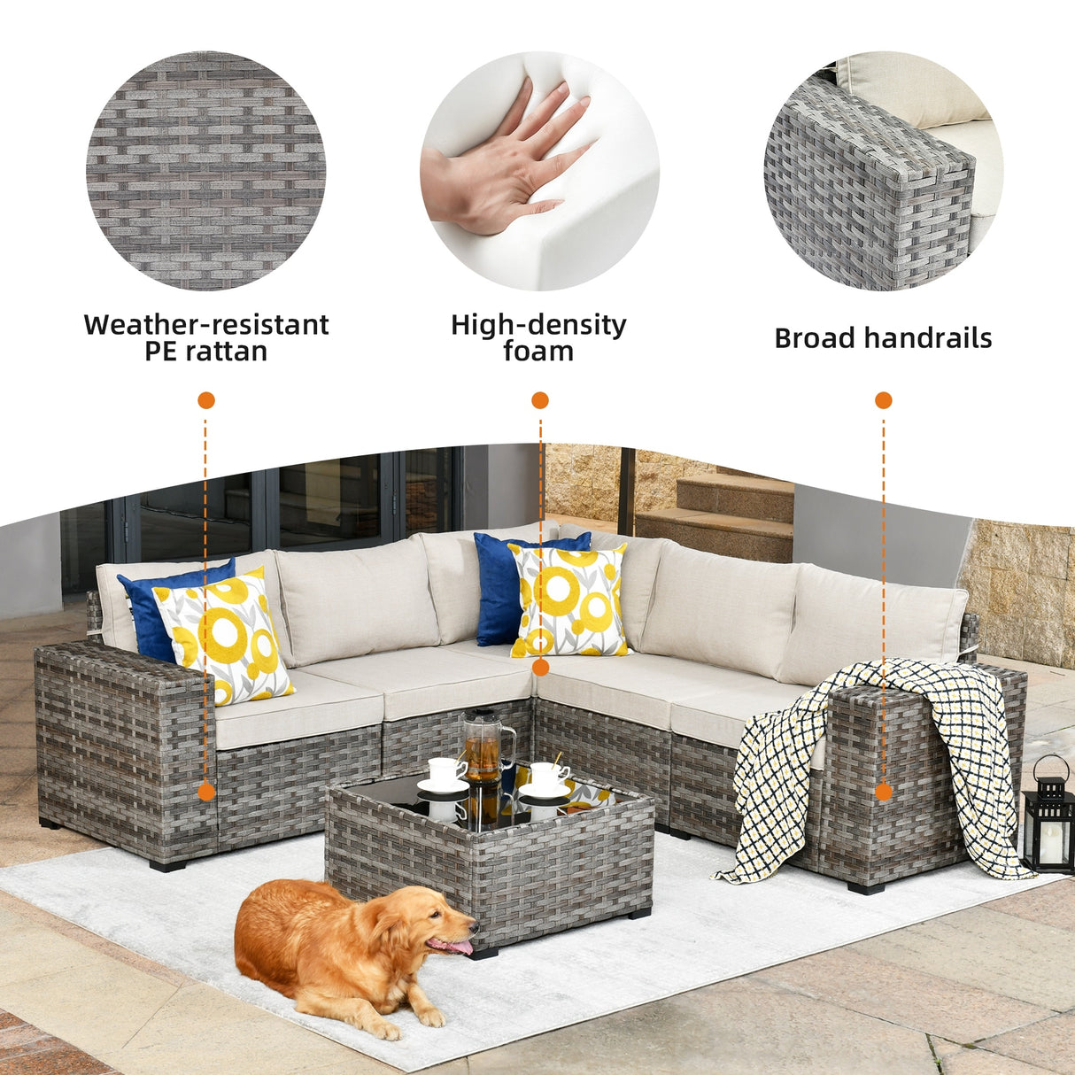 OVIOS Patio Wicker Furniture Wide Arm 6-piece Set with Table
