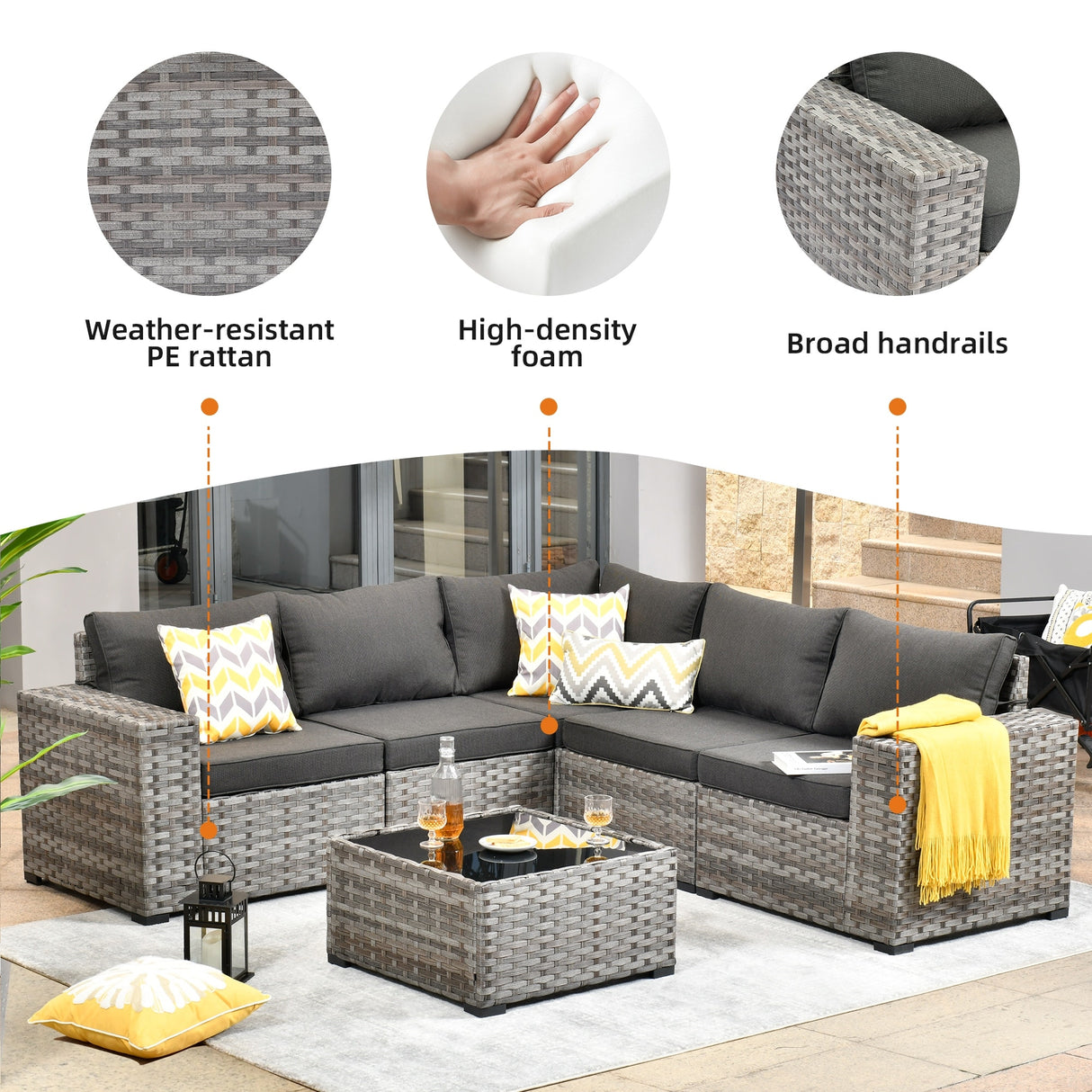 OVIOS Patio Wicker Furniture Wide Arm 6-piece Set with Table