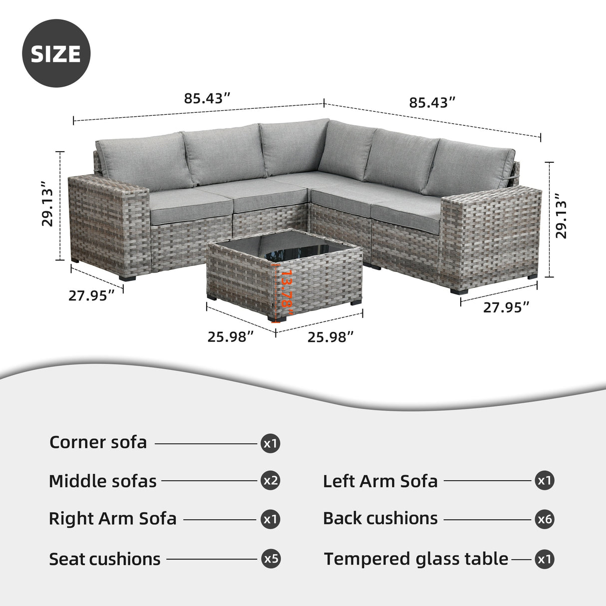 OVIOS Patio Wicker Furniture Wide Arm 6-piece Set with Table