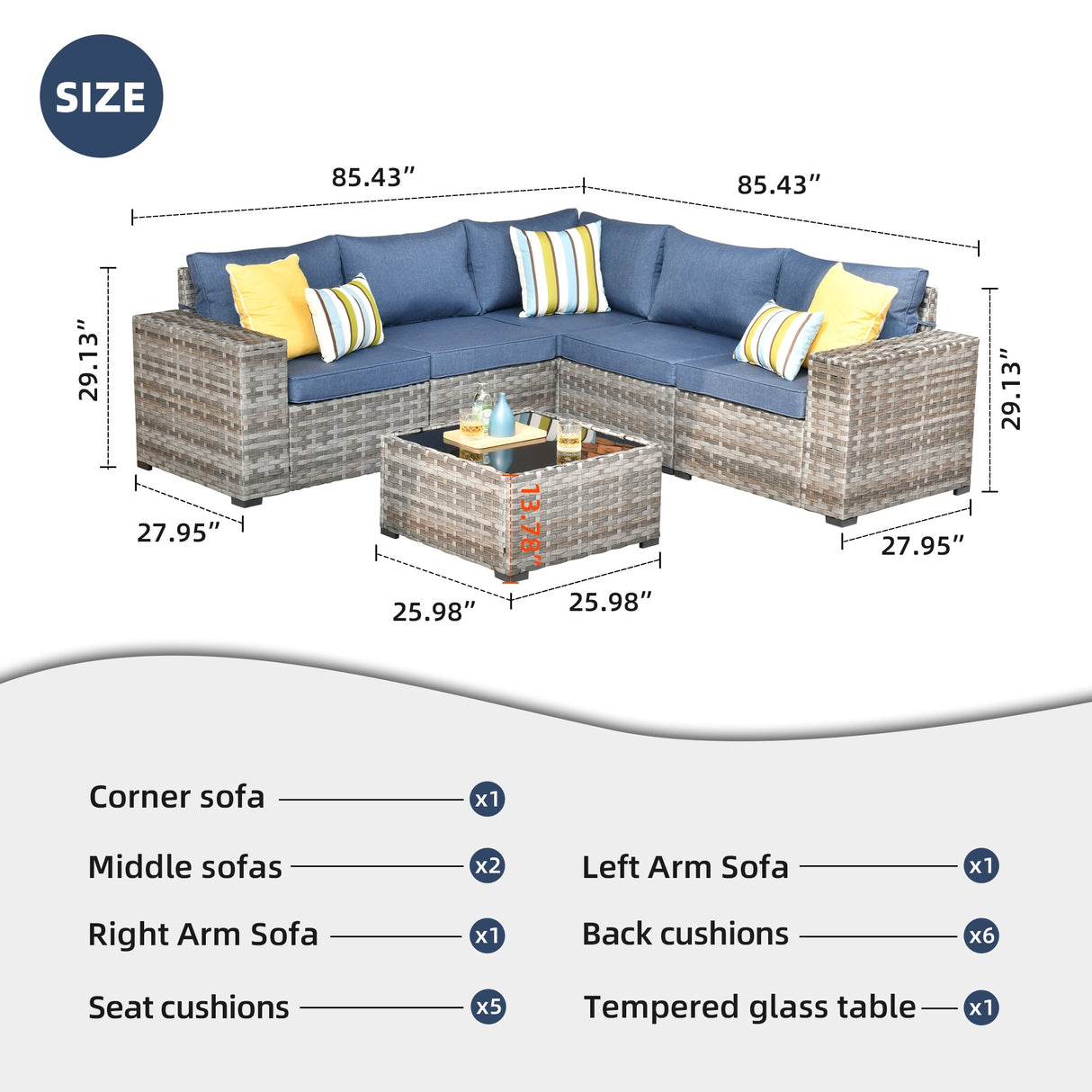 OVIOS Patio Wicker Furniture Wide Arm 6-piece Set with Table