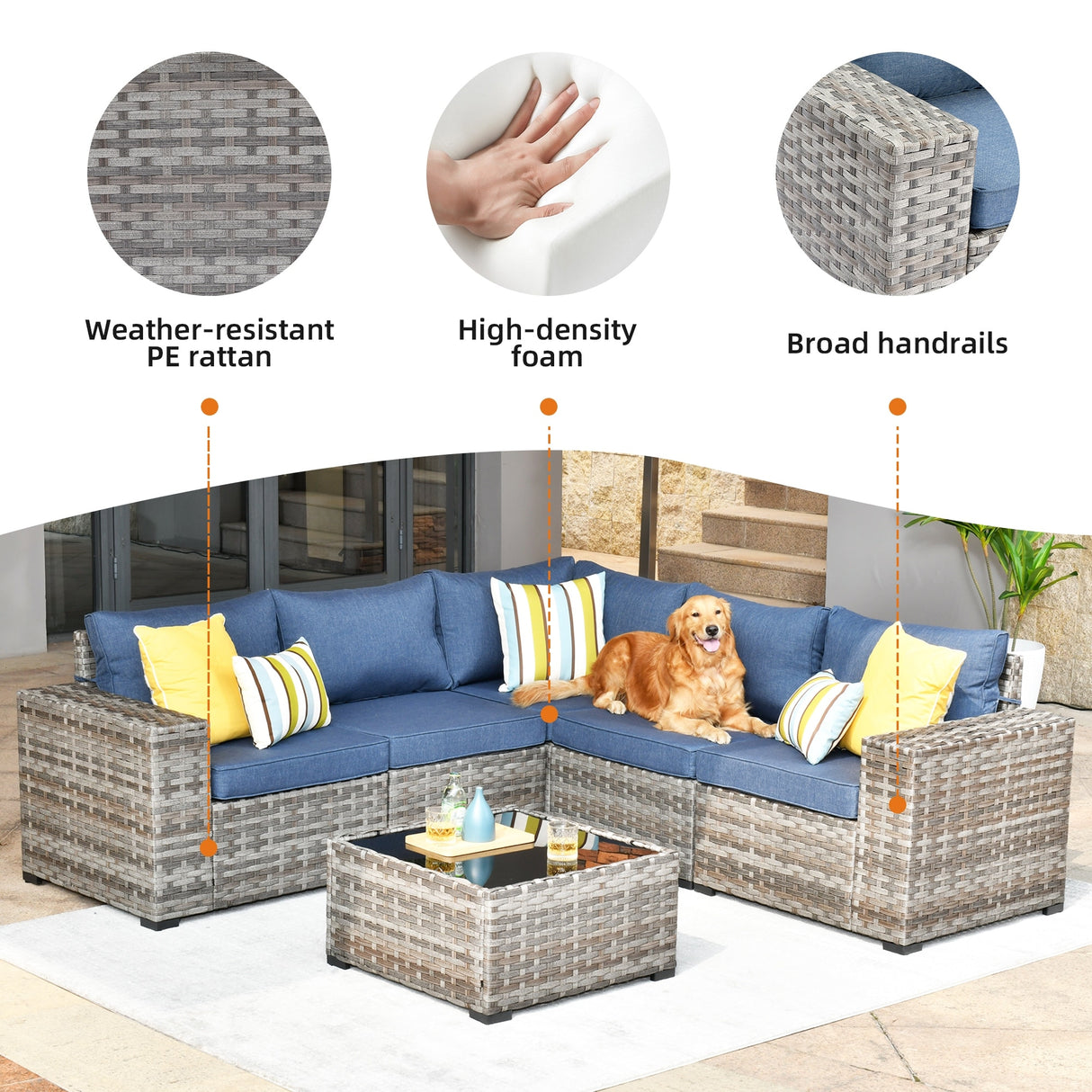 OVIOS Patio Wicker Furniture Wide Arm 6-piece Set with Table