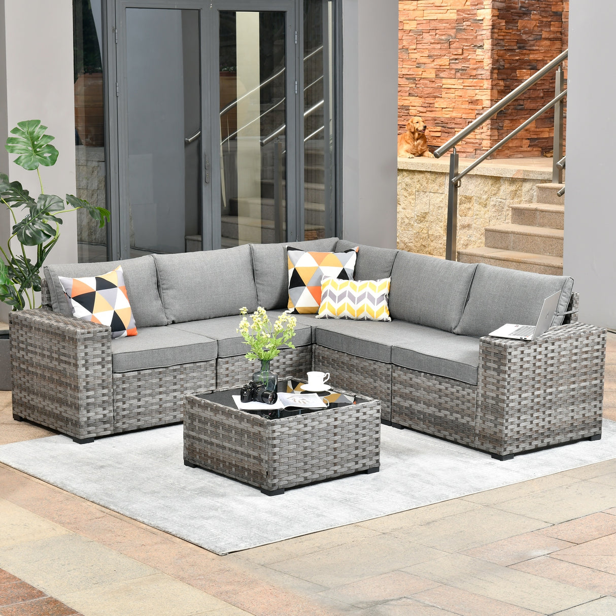 OVIOS Patio Wicker Furniture Wide Arm 6-piece Set with Table