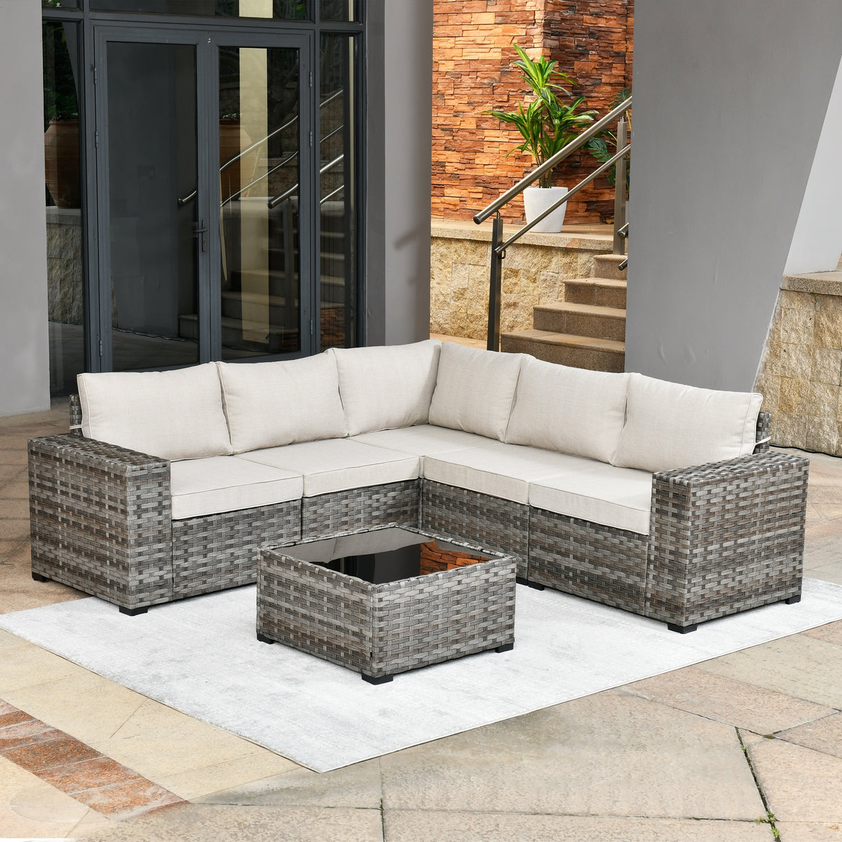 OVIOS Patio Wicker Furniture Wide Arm 6-piece Set with Table