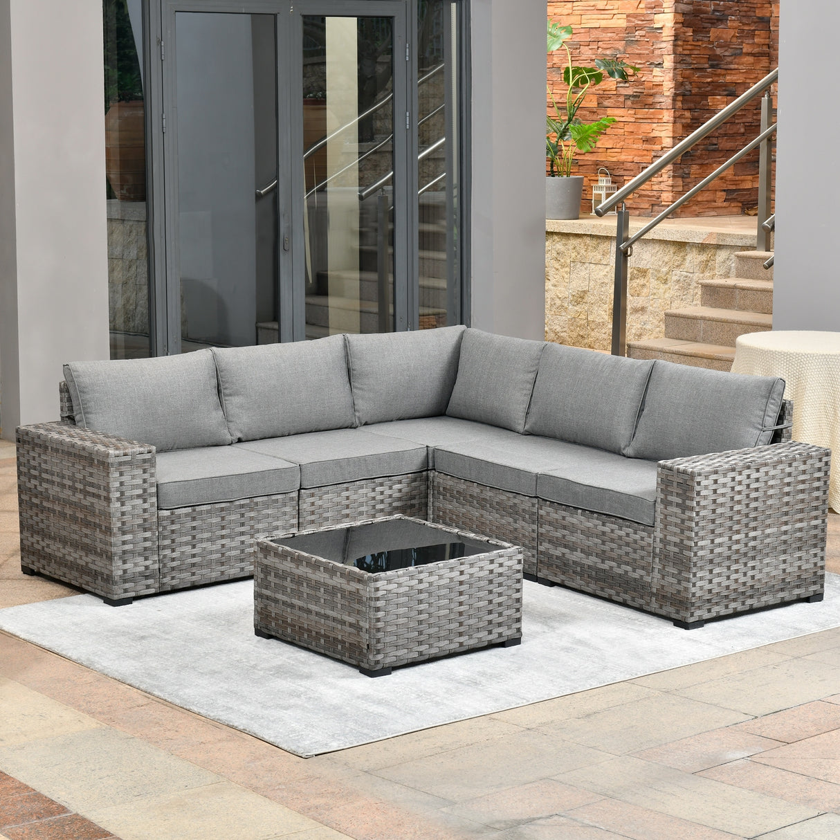 OVIOS Patio Wicker Furniture Wide Arm 6-piece Set with Table