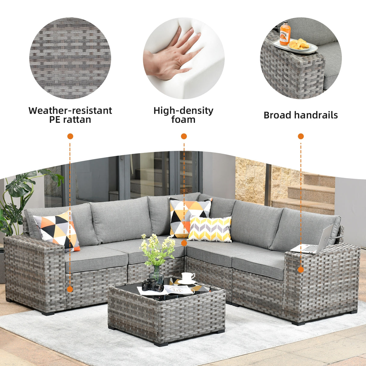 OVIOS Patio Wicker Furniture Wide Arm 6-piece Set with Table